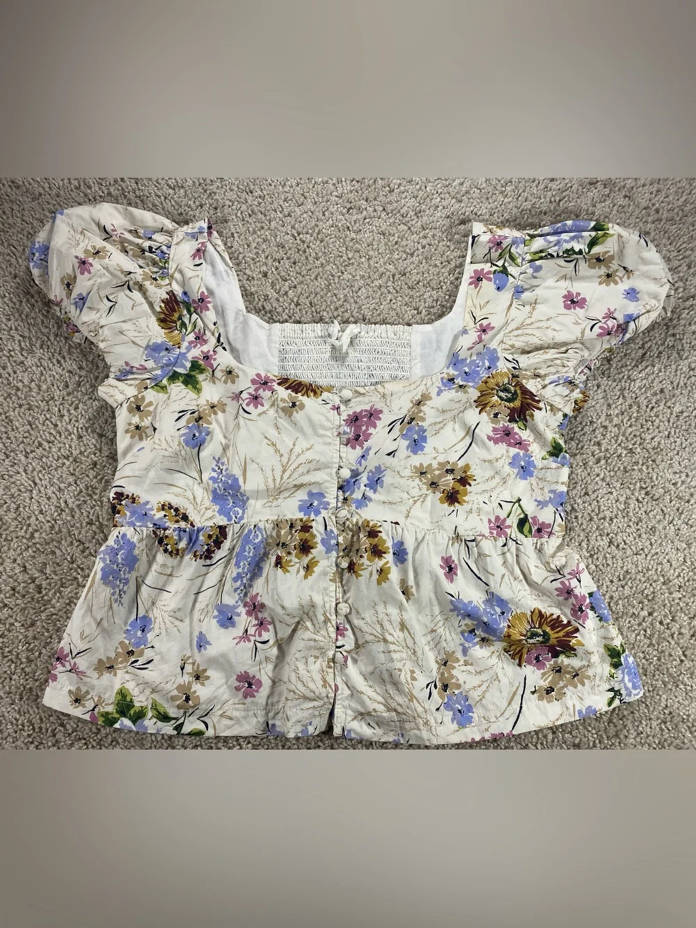 Anthropologie Small Puff Sleeve Peplum Top Cream Floral Square-Neck